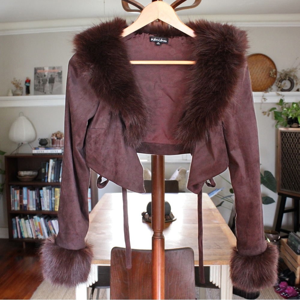 For Love And Lemons Brown Teddy Jacket with Faux Fur Trim